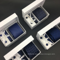 Solid Navy Silk Jacquard Grosgrain Neck Tie Cufflink Hanky Set with Gift Box